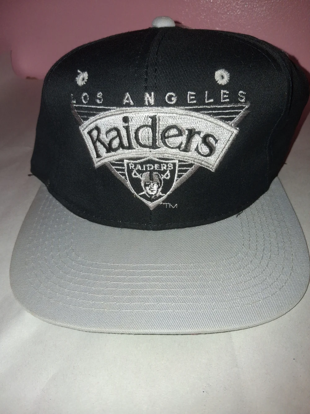 Vintage 90s Los Angeles Raiders Snapback Hat Young An Team NFL Black Grey Flat B